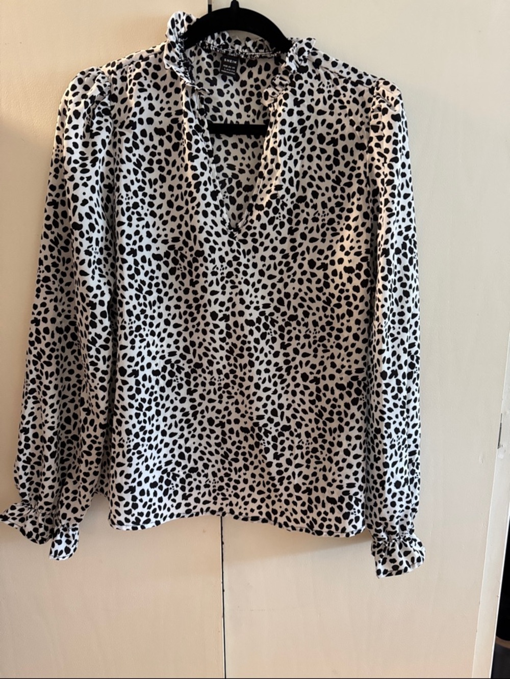 SHEIN Black & White Dalmatian Print Ruffle Neck Blouse